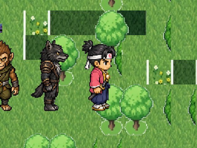 桃太郎の後ろを、狼と猿が列になって追従しているフィールドの画面。重なりは解け、間隔を保って並んでいる