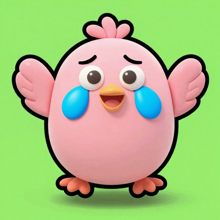 同じ鳥。垂れた眉、丸い涙目、両目から青いしずくが落ちている。クチバシは黄色いまま正しく開いている
