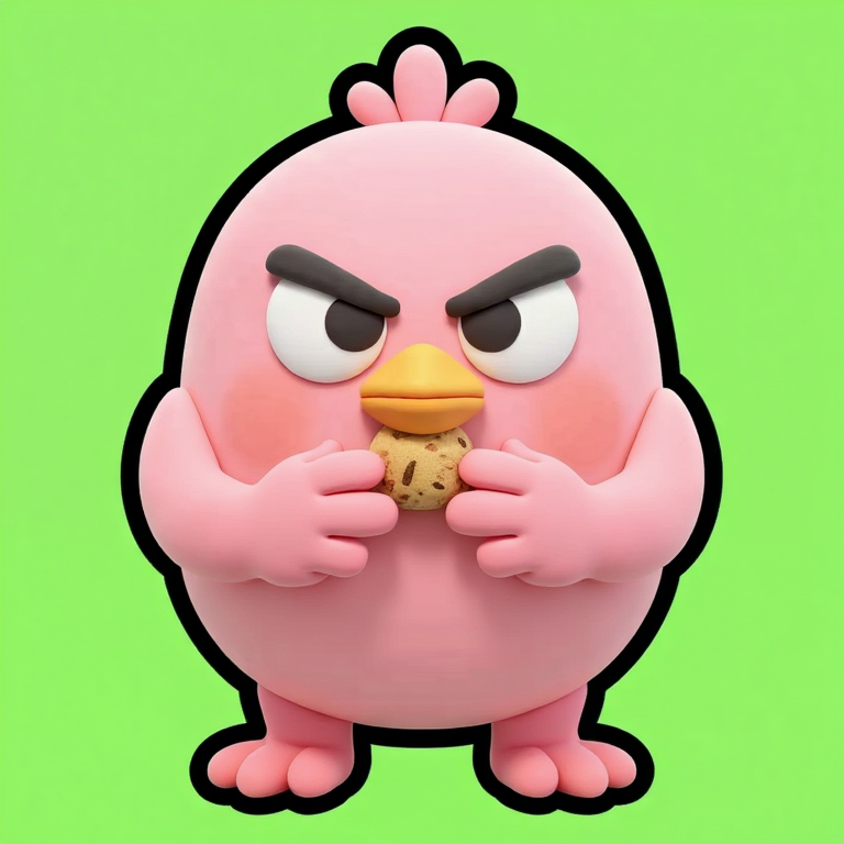緑背景のピンクの鳥が、指の分かれた人間の手を二つ持ち、両手でクッキーをつまんでいる。翼はどこにもない