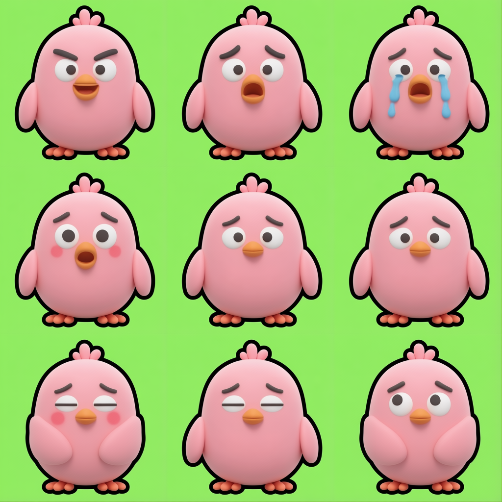 緑背景に九羽のピンクの鳥が三×三に並んでいる。怒り、驚き、泣き、ショック、無表情、心配、半目が二種、見開き。九羽とも体の比率と輪郭が揃っていて、顔だけが違う
