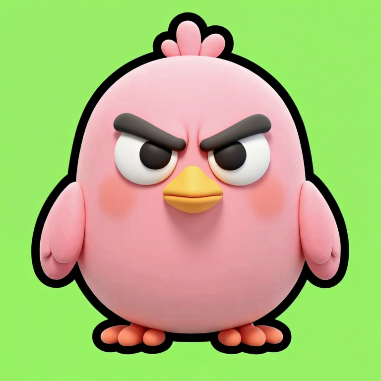 緑背景のピンクの鳥、怒った顔。縦長の卵型の体で、頭がやや小さく、目は細く、クチバシは下向きに角度がついている