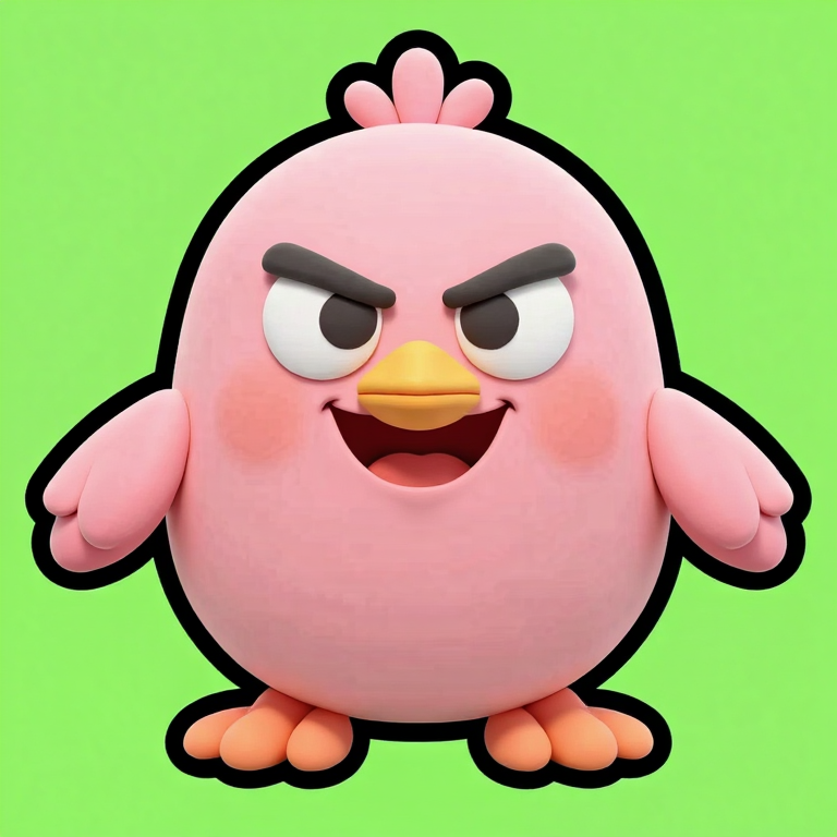 緑背景のピンクの鳥。黄色いクチバシが閉じたまま顔の中央にあり、そのすぐ下にピンク色の口が別に開いている。眉は角度のついた怒り眉のまま