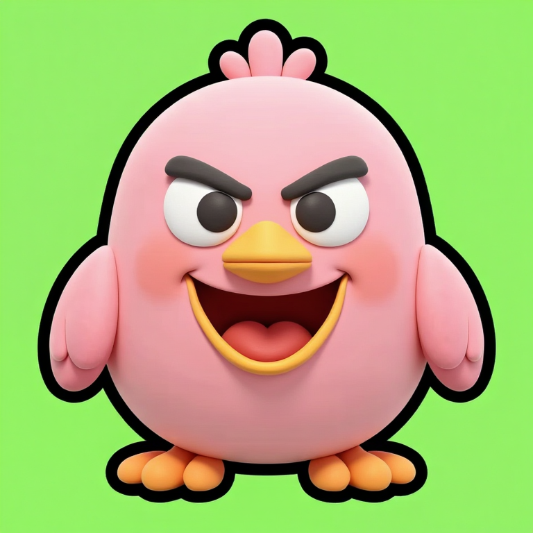 同じ鳥。黄色いクチバシは閉じたまま顔の中央にあり、その下に大きく開いた口がある。口のふちだけが黄色くなり、中にピンクの舌が見える。眉は前と同じ角度のついた怒り眉のまま