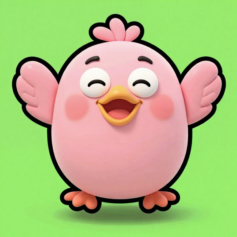 同じ鳥。柔らかい眉、閉じて弧を描いた目、黄色いクチバシが正しく開いた笑顔。翼を左右に広げている