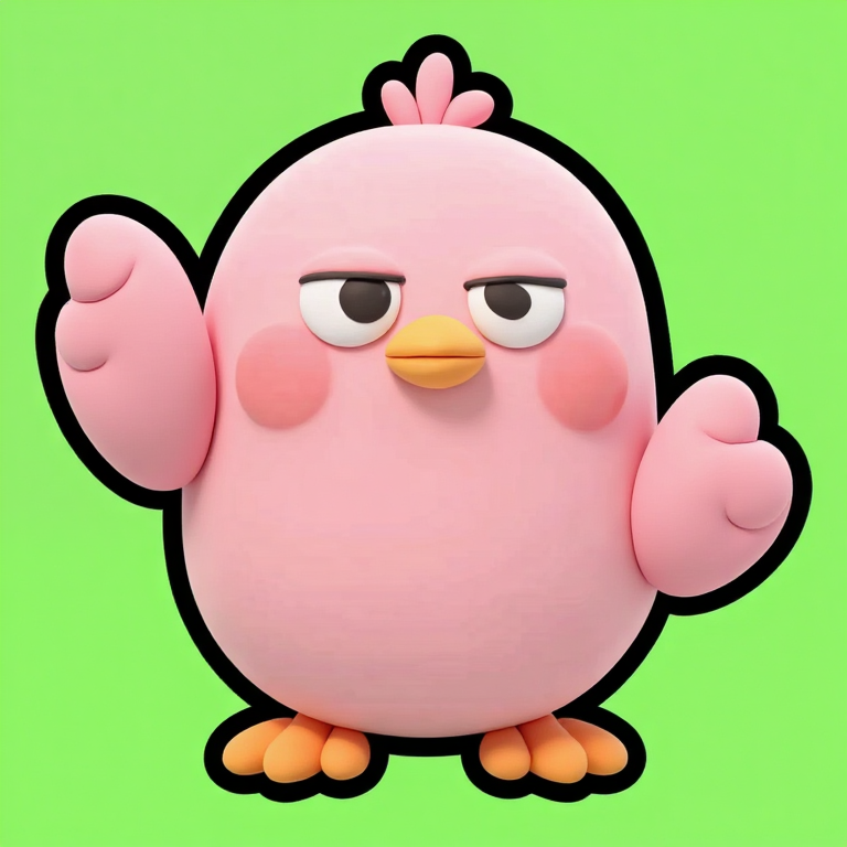 緑背景のピンクの鳥が、両方の翼をきれいに上げている。翼は短く丸いままで、伸びていない