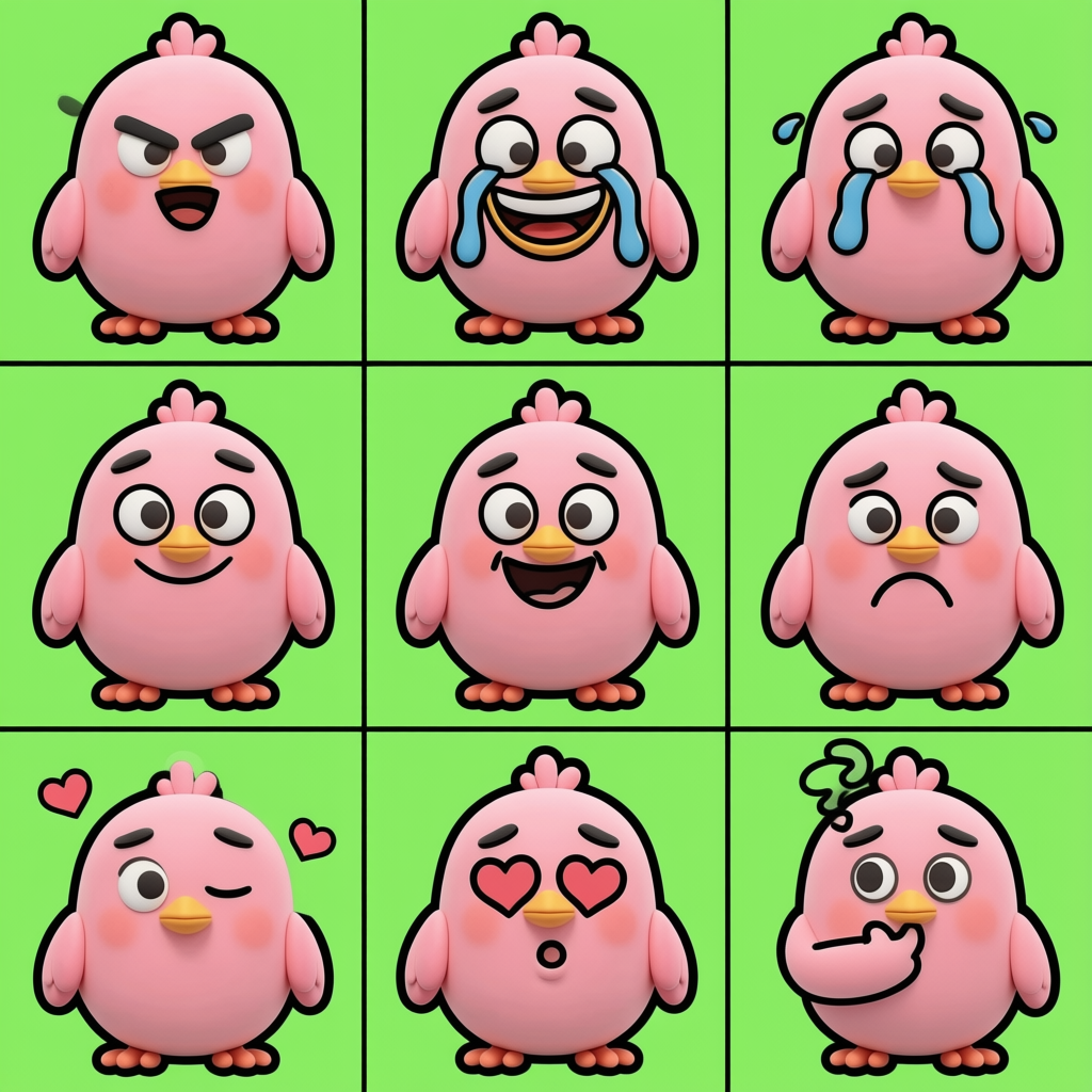 検証中の3×3表情シート。1回の生成で9表情を出すと、1画面内なのでキャラの一貫性が構造的に保たれる。セル間の仕切り線など、詰めるべき課題はまだ残っている