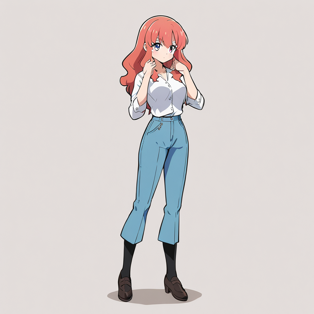 同じ検証バッチの animagine-xl-3 による1024×1024の出力。赤い髪の女性の全身。3モデルとも同条件でOOMなく通った